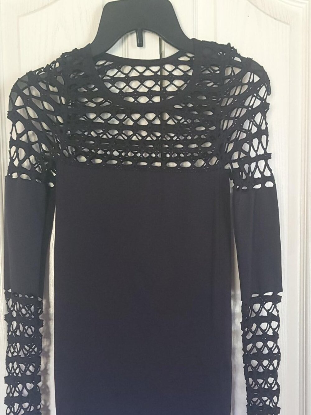 Black Stretch Long Sleeve Top Fishnet Crochet Mesh Sleeves Size Unknown